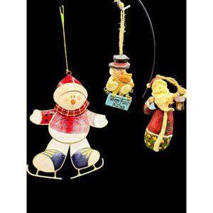 Vintage Folk Art Christmas Ornaments Set Of 3 Santa & Snowman Figurines